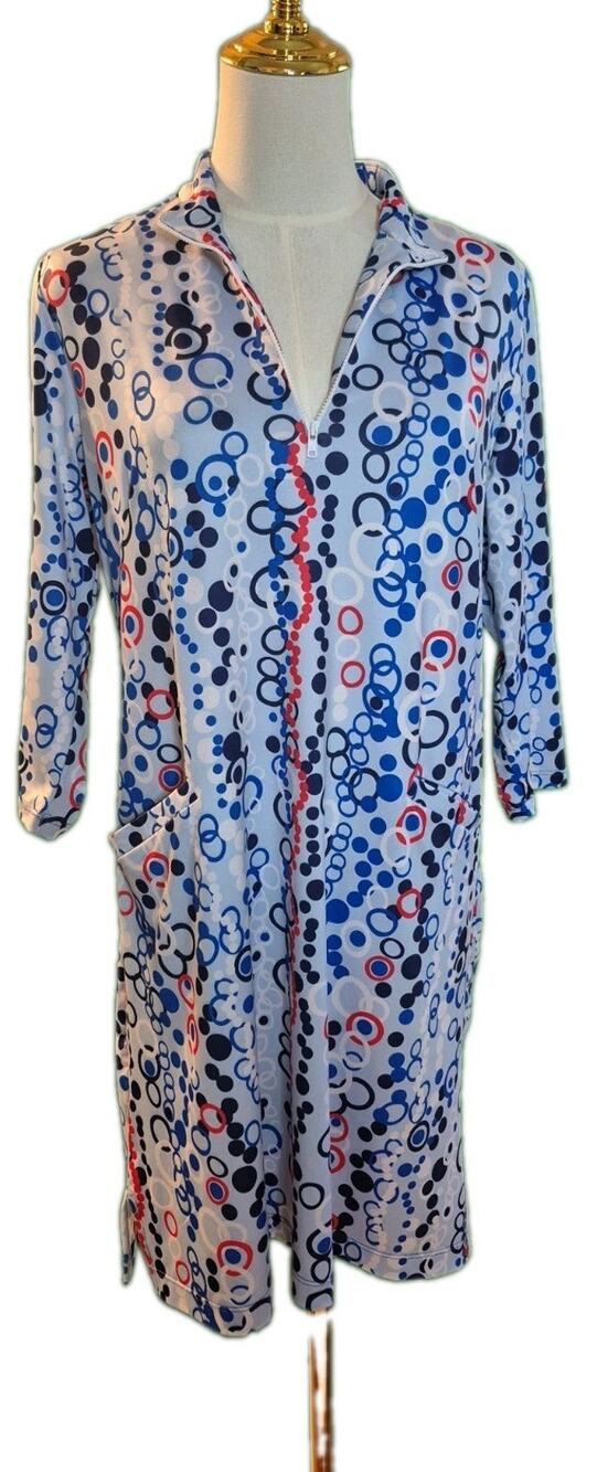 KATHERINE WAY Collared Shift Dress Sz Medium Blue/White/Red Preppy 3/4 Sleeve Go